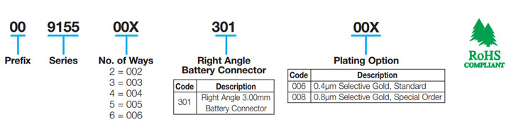 Right Angle 3.0mm Pitch Battery: 9155-300